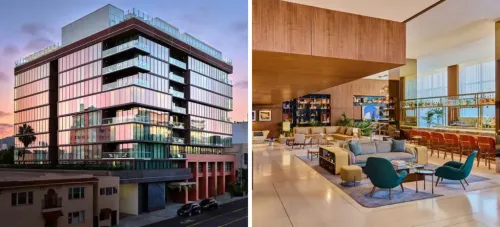 Exterior of the Thompson Hollywood (left) and interior dining and sitting area (right)